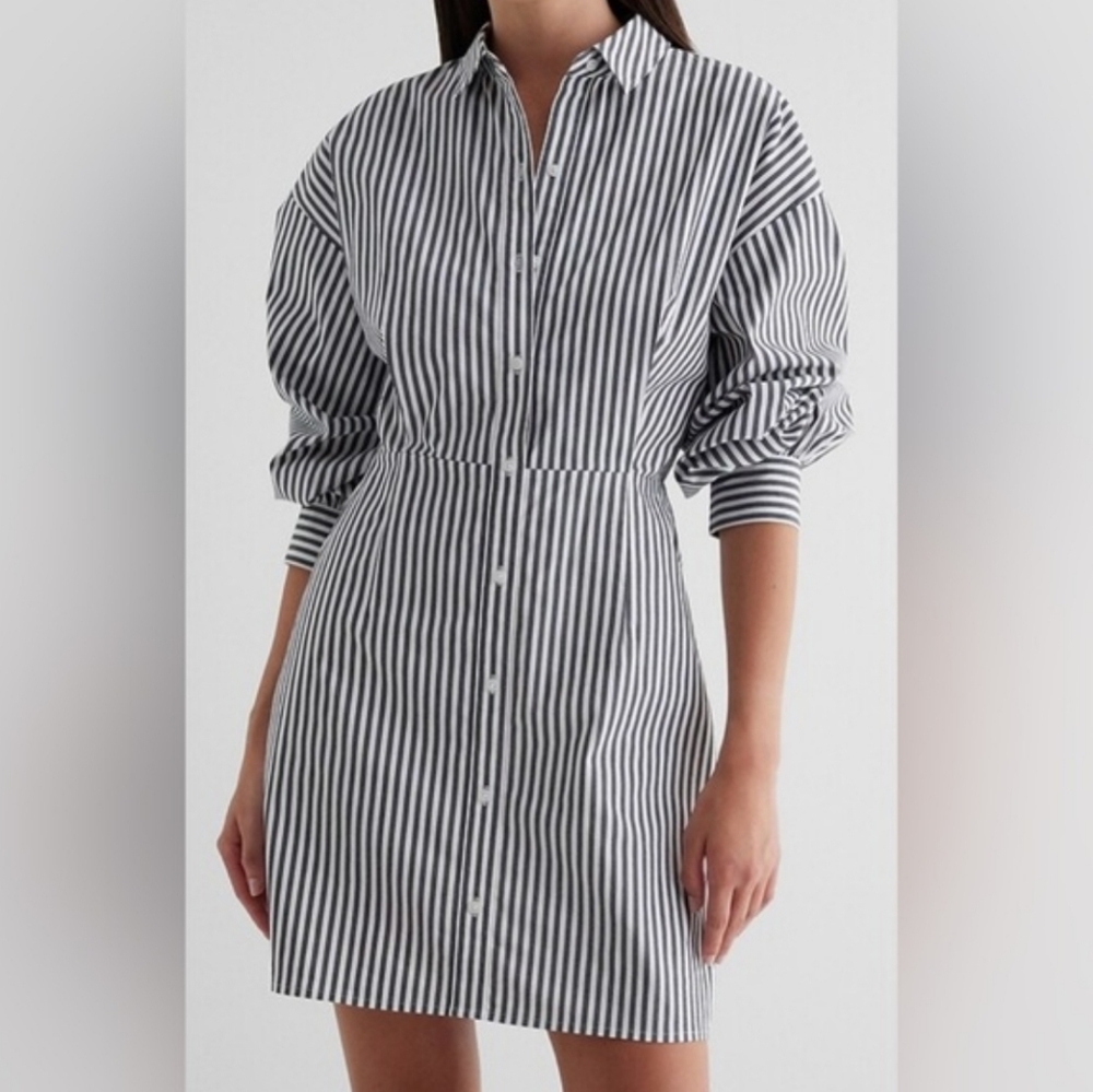 Express Black and White Striped Long Sleeve Mini Shirt Dress - Picture 5 of 6